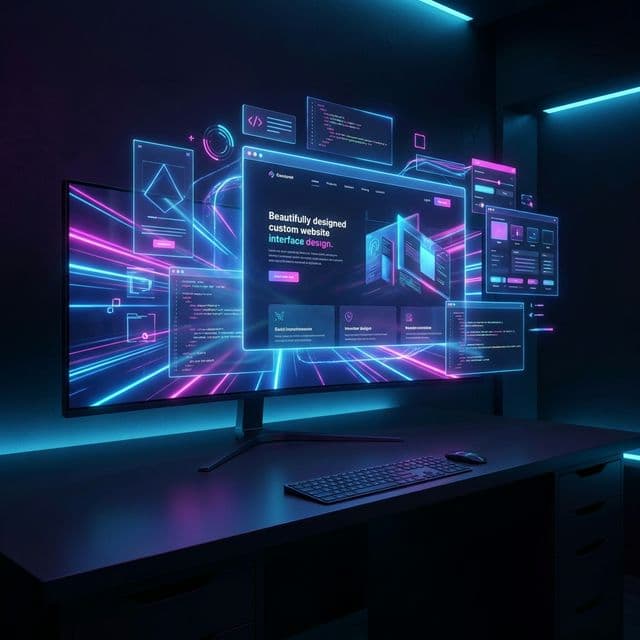 Custom website design emerging from screen with creative design elements